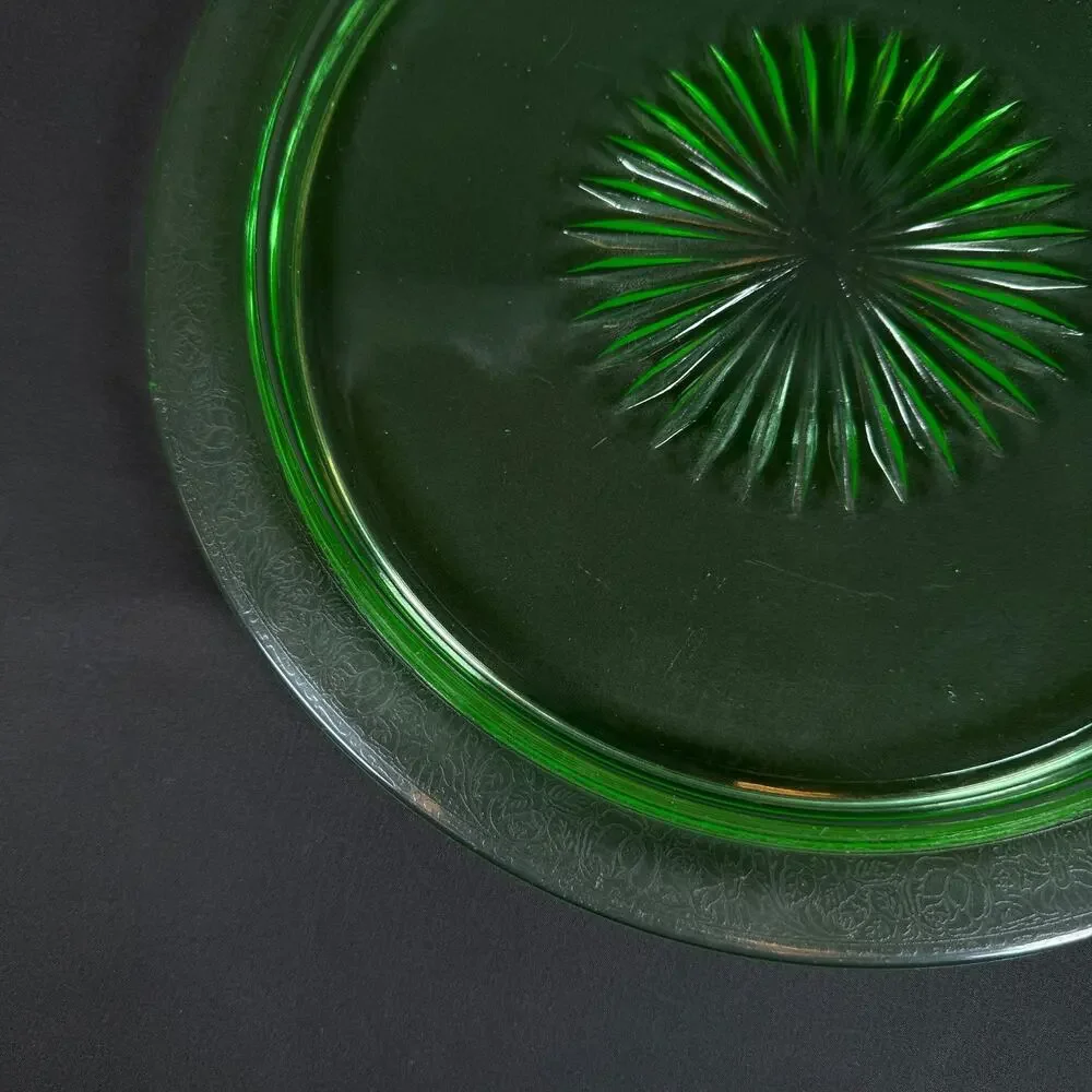Vintage Uranium Glass Plates 13 inch Green Depression Glass UV Glow